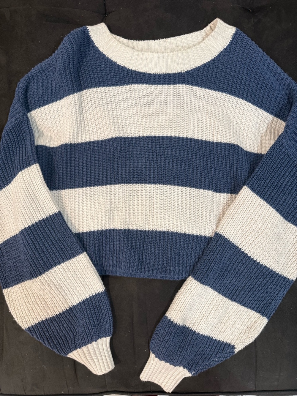 Hollister Blue and Cream Striped Crewneck Sweater